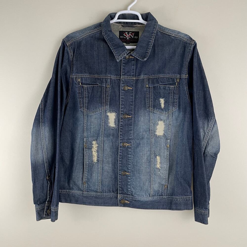 SYN JEAN Mens Distressed Blue 100% Cotton Denim Heavy Jacket Size 2XL